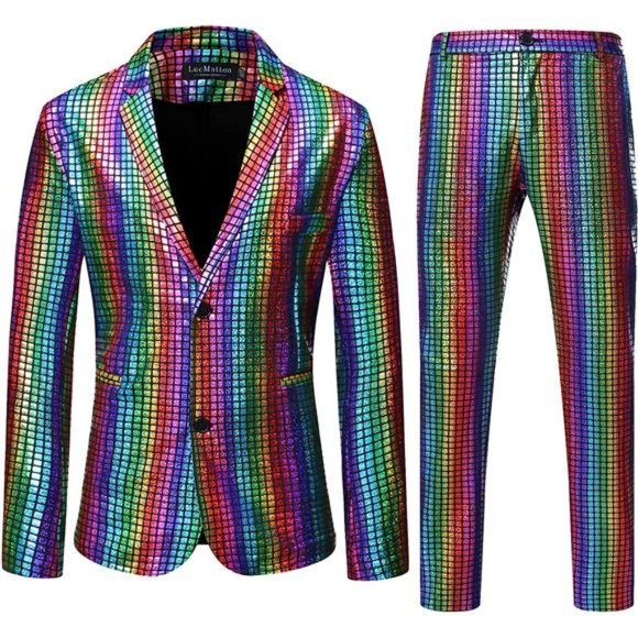 Men's 2 Piece Disco Sets Shiny Jacket and Pants Metallic Sequin Suits - Picture 1 of 14